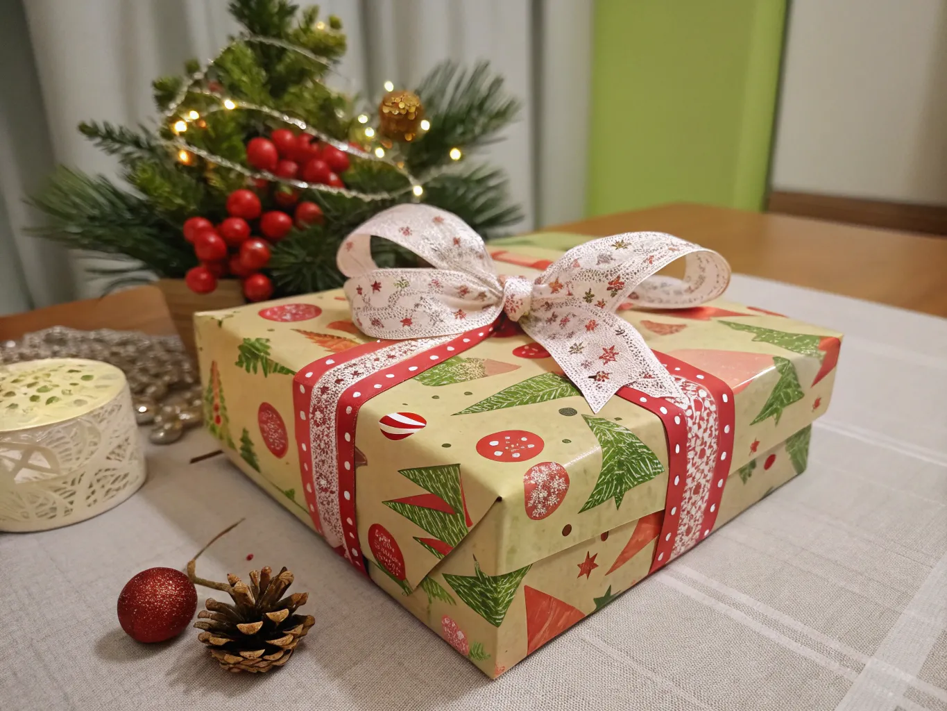 Festive gift box with decorative bow