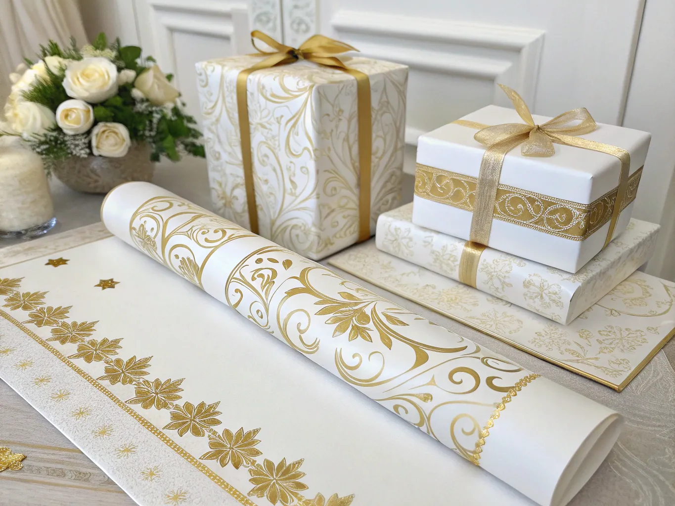 Wedding gift wrapping with elegant white and gold design
